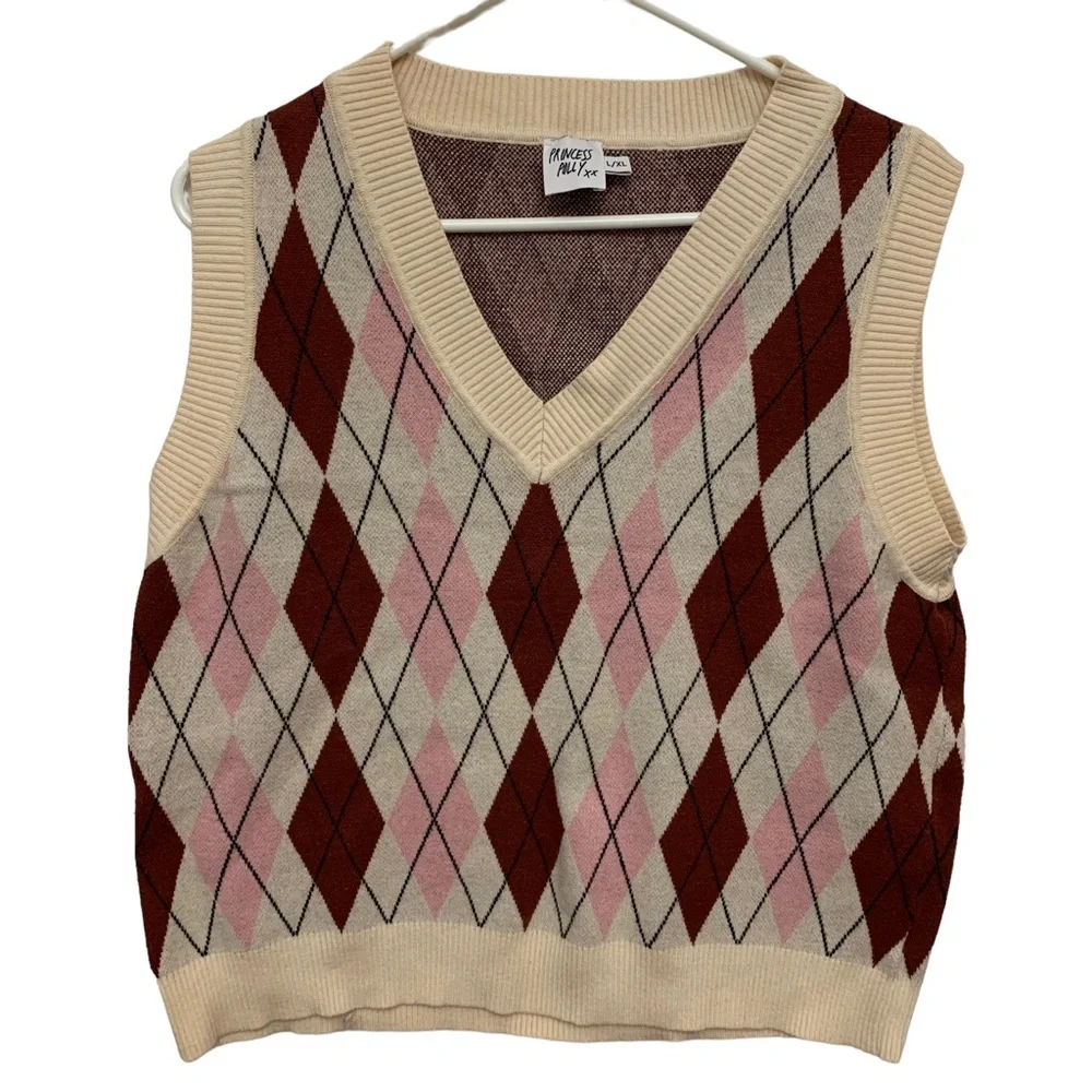Princess Polly Argyle Sweater Vest Pink Brown Preppy V Neck Knit
